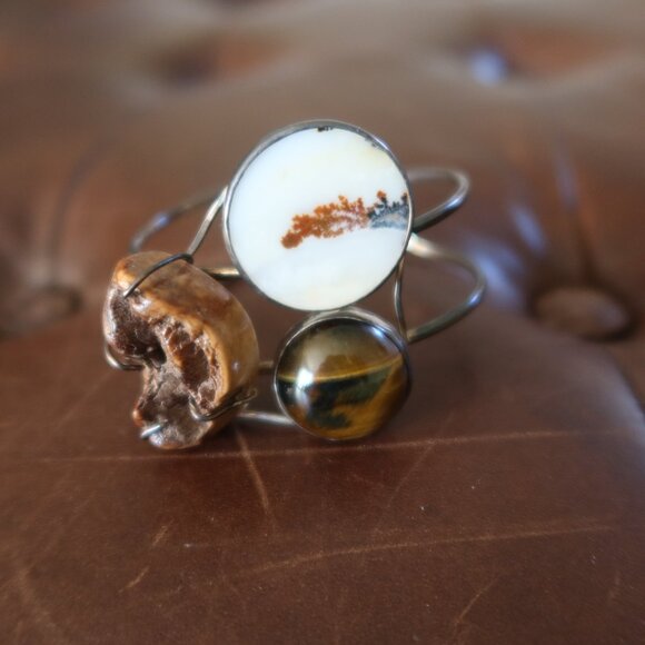 Melissa Joy Manning OOAK sterling silver, tigers eye, agate & fossil cuff MJM - Picture 3 of 16